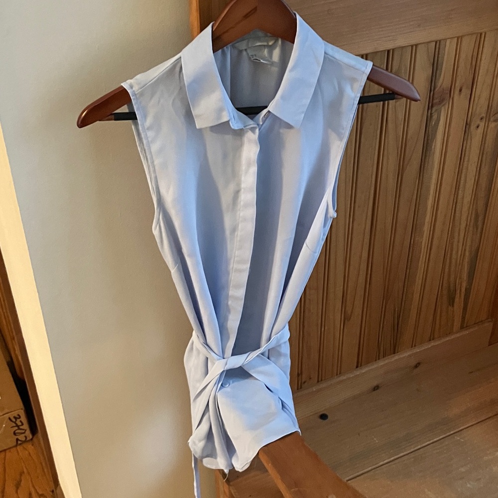 Pale Blue Sleeveless Button Down Shirt with Wrap Around Tie